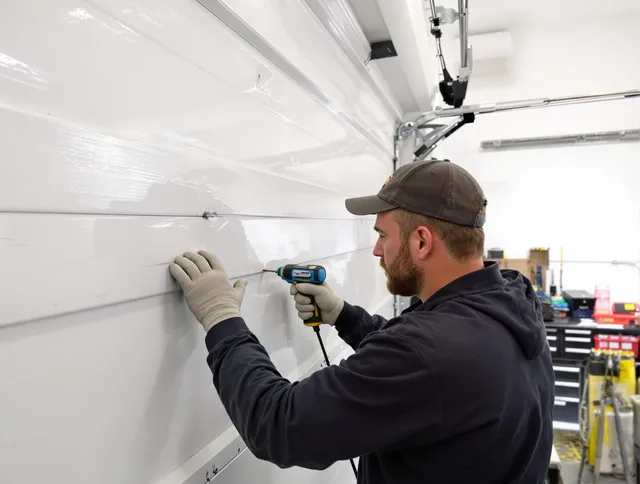 Hollywood Garage Door Repair technician demonstrating precision dent removal techniques on a Hollywood garage door