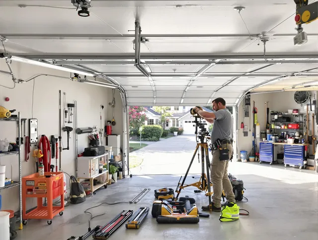 Hollywood Garage Door Repair specialist performing laser-guided track alignment in Hollywood